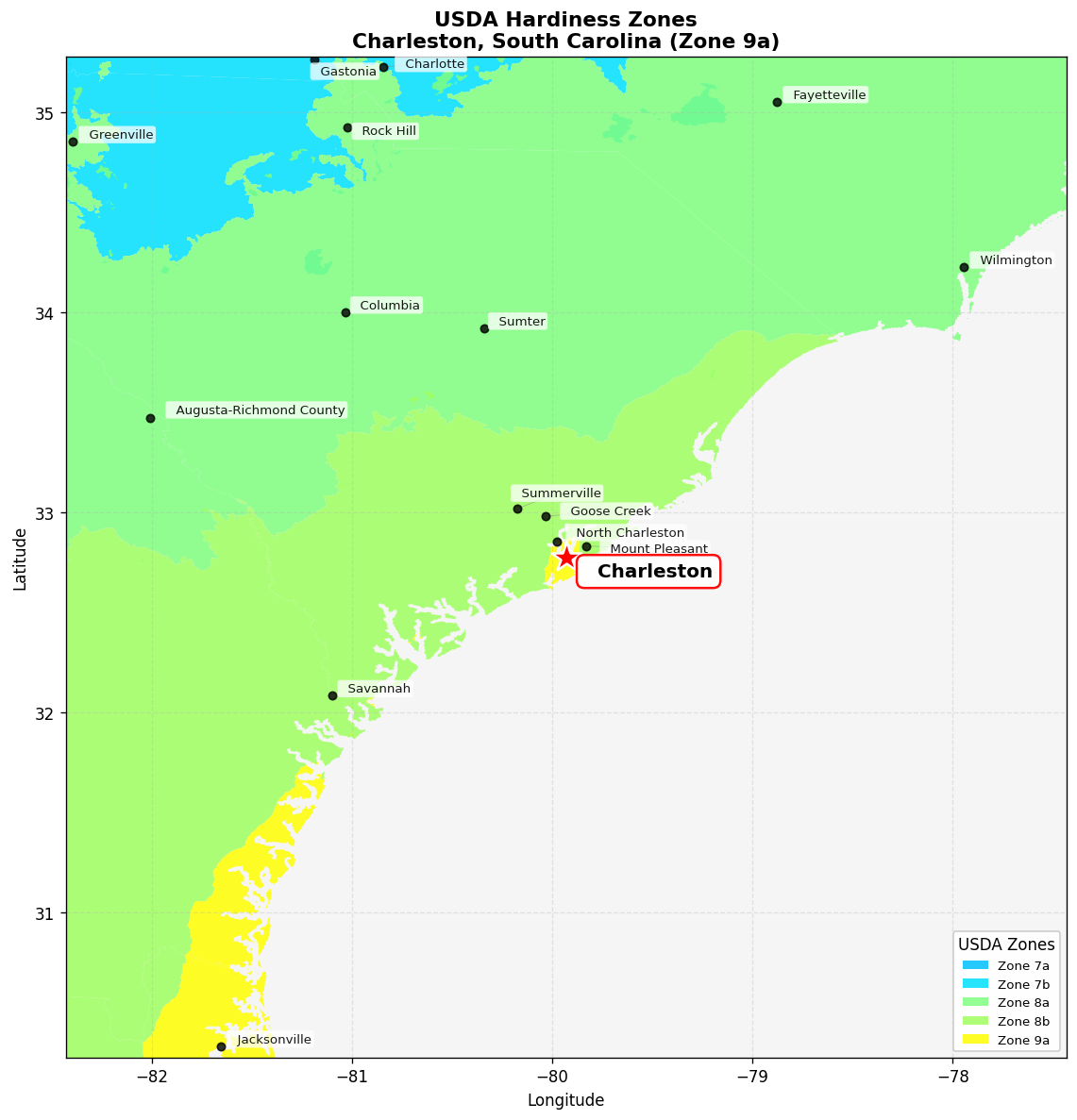 USDA Hardiness Zone 9a Map for Charleston, SC